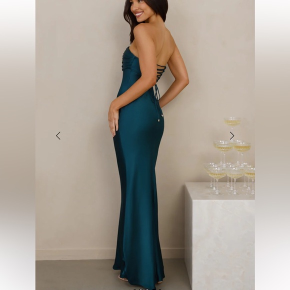 Hello Molly Seraphina Strapless Satin Maxi Dress Teal Size S New With Tag - Picture 2 of 15